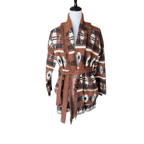 TAHARI Southwestern Belted Cardigan Sweater Brown Cream Open Front Womens Small - Picture 1 of 7